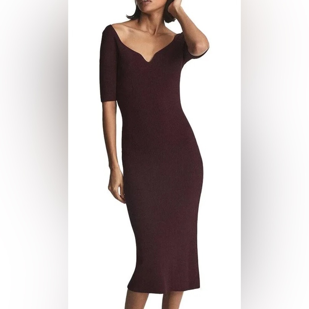 REISS Neck Midi Dress, Burgundy, size L